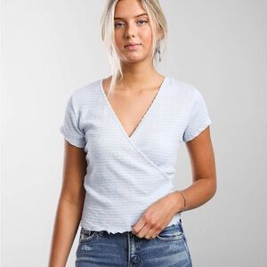 Paper crane light blue ruched wrap surplice short sleeve top